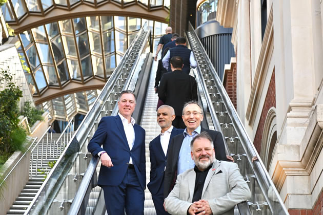 With London Mayor, Sir Sadiq Khan, Howard Dawber, Deputy London Mayor for Business and Michael Volkert, Olympia&rsquo;s CEO at the new Olympia