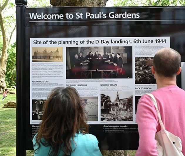A current day sign in St Paul's Gardens marks the site of the planning of D-Day 