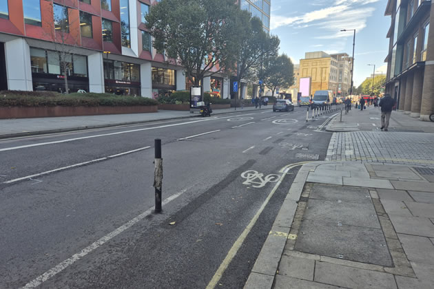 Cyclists on Hammersmith Road are currently separated from traffic by wands