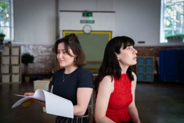 Actors Leah Watkins and Muireann Galen during rehearsals for Tea, Texts and Top of the Pops