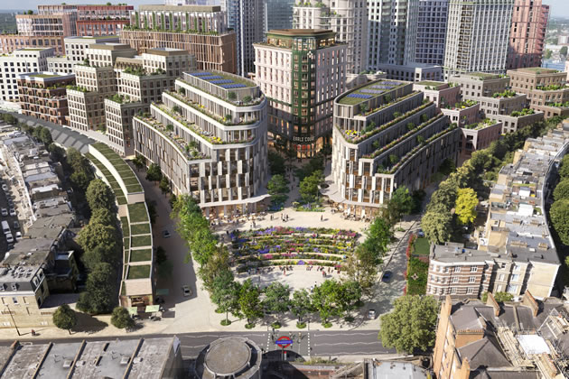 A visualisation of an aerial view of the Earl's Court development