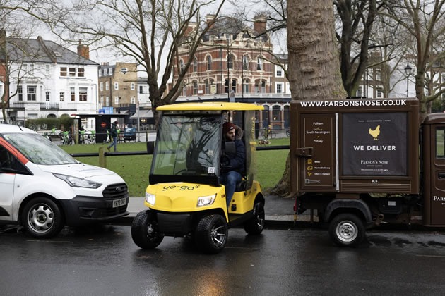 Adrian sets off in the electric buggy from Parsons Green. Picture: Facundo Arrizabalaga/MyLondon 